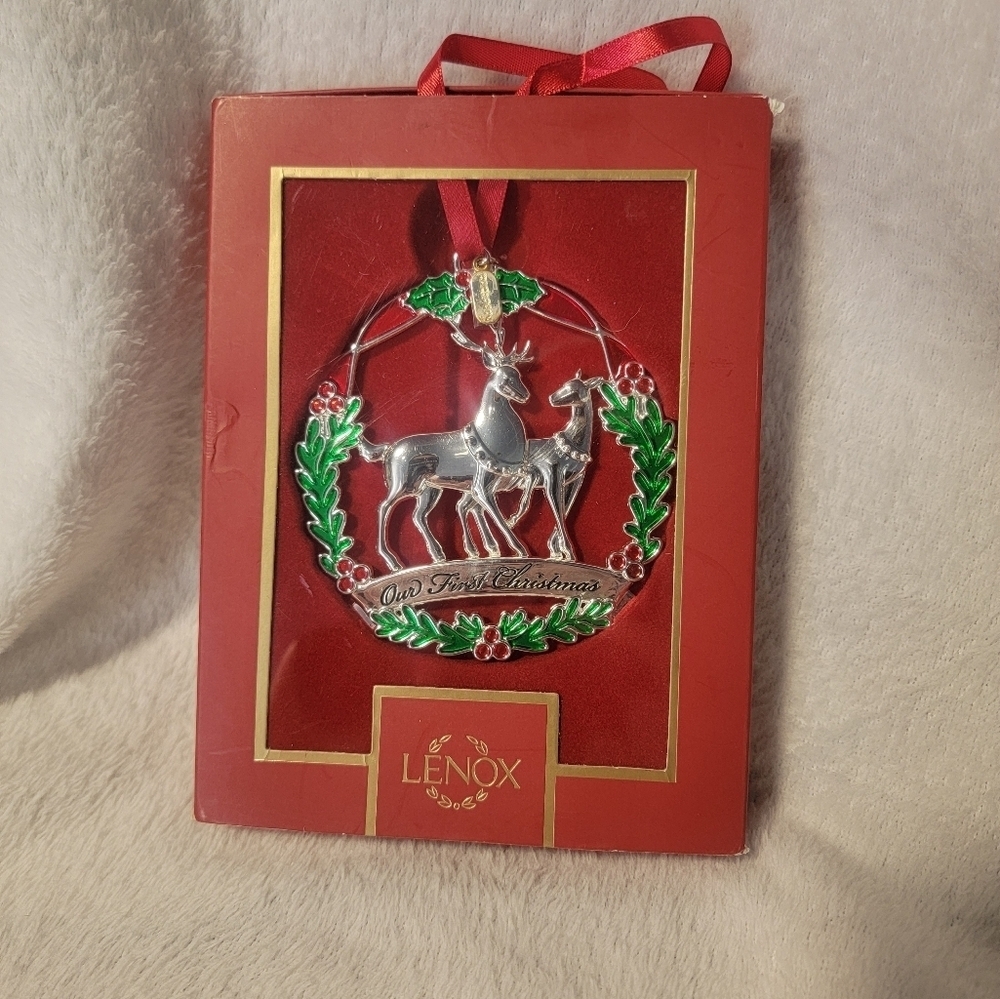 Lenox Silver and Green Reindeer Holiday Ornament NIB